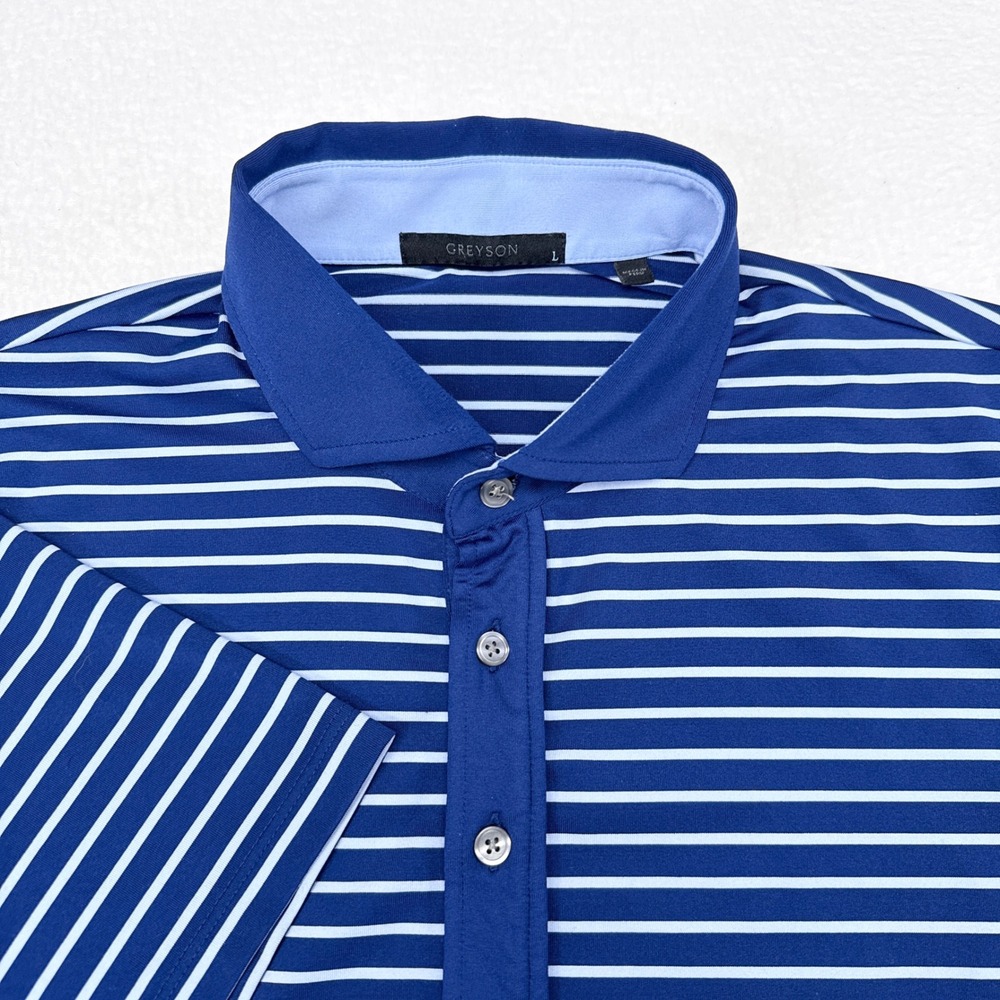 Greyson Golf Polo Shirt Mens Size Large Blue Striped Performance Stretch